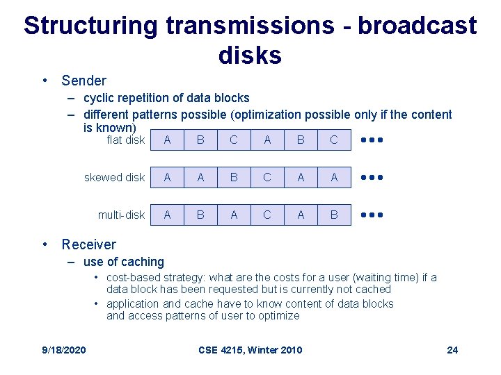 Structuring transmissions - broadcast disks • Sender – cyclic repetition of data blocks –