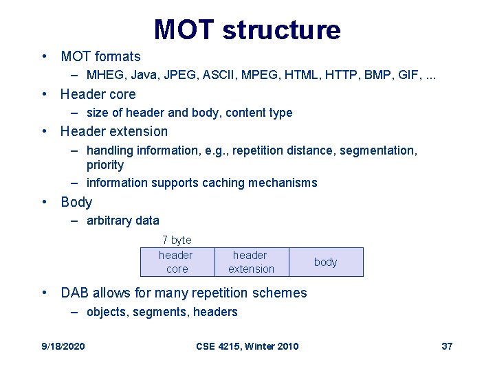 MOT structure • MOT formats – MHEG, Java, JPEG, ASCII, MPEG, HTML, HTTP, BMP,