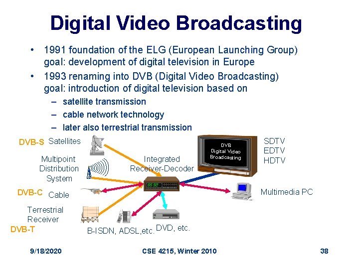Digital Video Broadcasting • 1991 foundation of the ELG (European Launching Group) goal: development