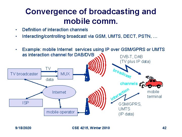 Convergence of broadcasting and mobile comm. • • Definition of interaction channels Interacting/controlling broadcast