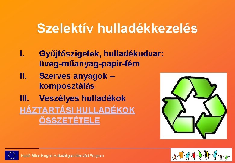 Szelektív hulladékkezelés I. Gyűjtőszigetek, hulladékudvar: üveg-műanyag-papír-fém II. Szerves anyagok – komposztálás III. Veszélyes hulladékok