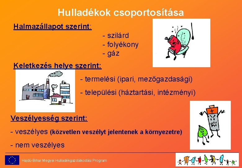 Hulladékok csoportosítása Halmazállapot szerint: - szilárd - folyékony - gáz Keletkezés helye szerint: -