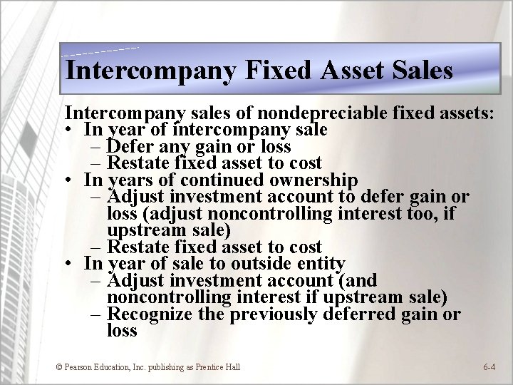 Intercompany Fixed Asset Sales Intercompany sales of nondepreciable fixed assets: • In year of