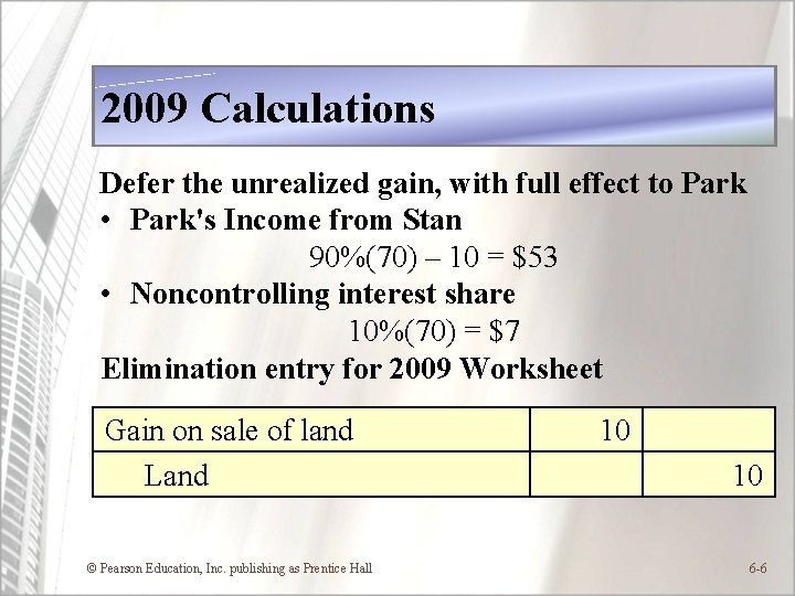 2009 Calculations Defer the unrealized gain, with full effect to Park • Park's Income