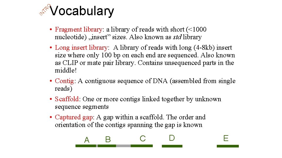 IN TR O Vocabulary • Fragment library: a library of reads with short (<1000