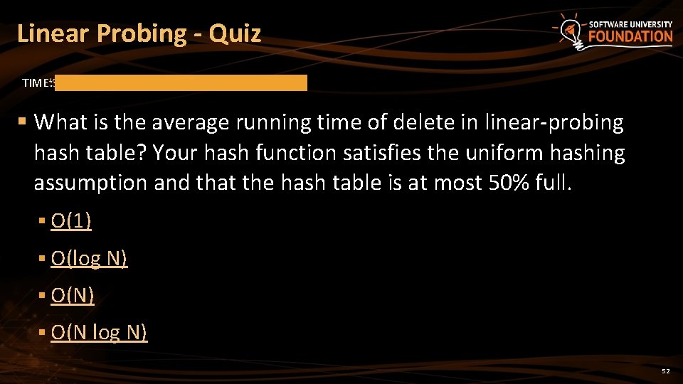 Linear Probing - Quiz TIME’S UP! TIME: § What is the average running time