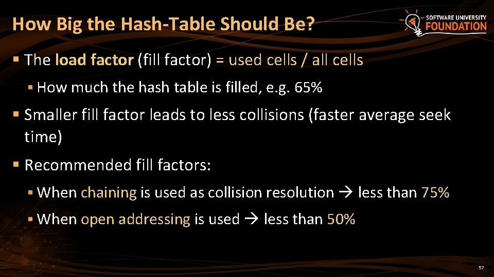 How Big the Hash-Table Should Be? § The load factor (fill factor) = used
