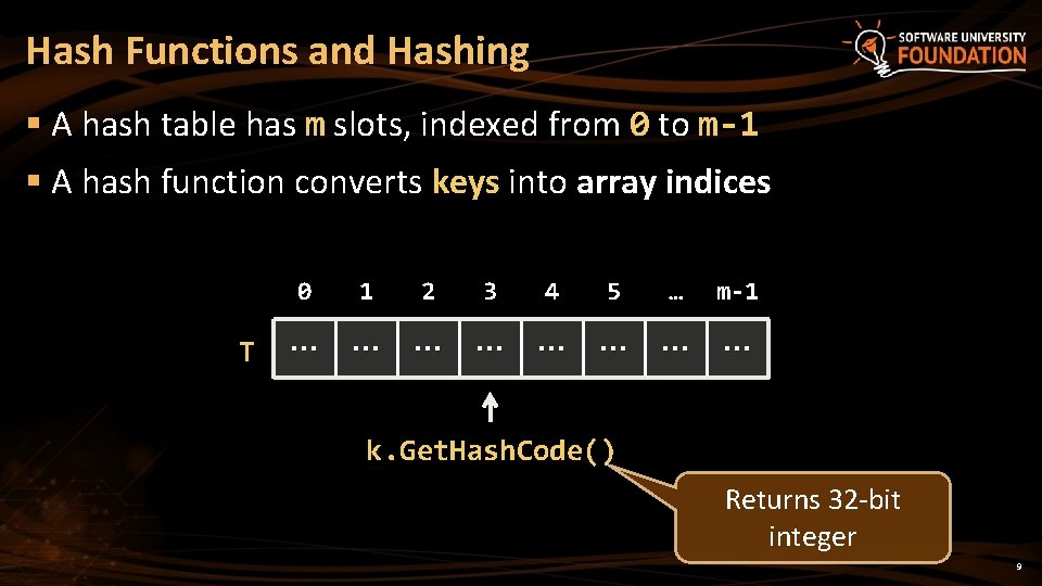 Hash Functions and Hashing § A hash table has m slots, indexed from 0