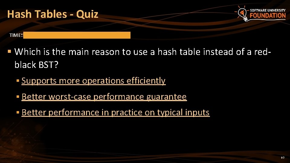 Hash Tables - Quiz TIME’S UP! TIME: § Which is the main reason to