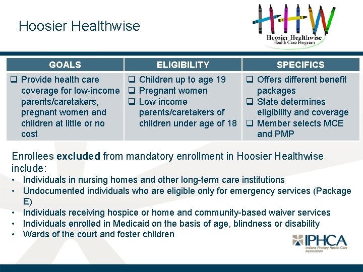 Hoosier Healthwise GOALS ELIGIBILITY SPECIFICS q Provide health care q Children up to age