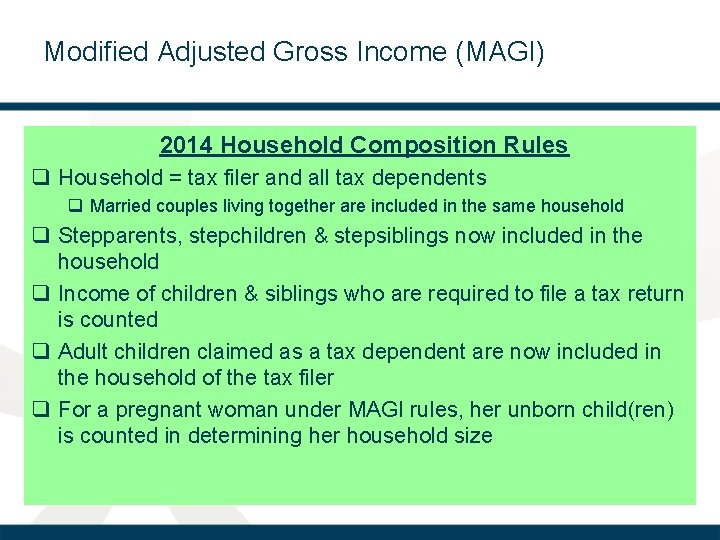 Modified Adjusted Gross Income (MAGI) 2014 Household Composition Rules q Household = tax filer