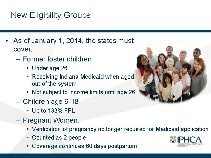 New Eligibility Groups • As of January 1, 2014, the states must cover: –