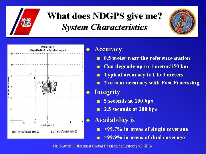What does NDGPS give me? System Characteristics u Accuracy n n u Integrity n