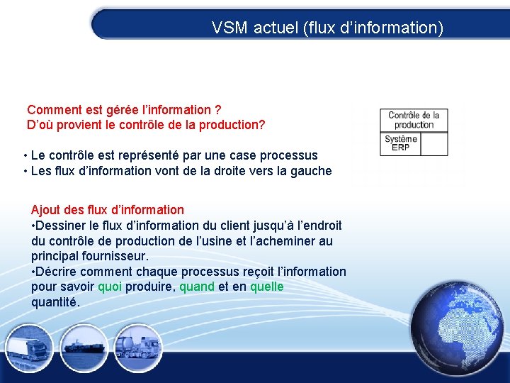 VSM actuel (flux d’information) Comment est gérée l’information ? D’où provient le contrôle de