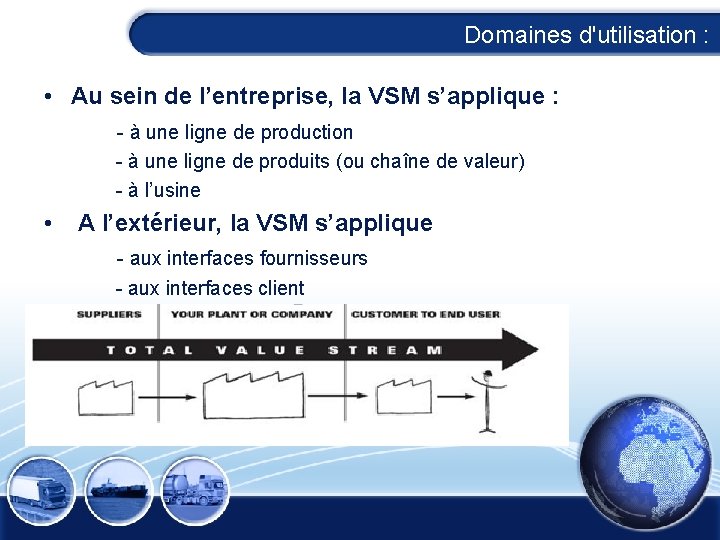 Domaines d'utilisation : • Au sein de l’entreprise, la VSM s’applique : - à