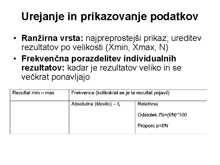 Urejanje in prikazovanje podatkov • Ranžirna vrsta: najpreprostejši prikaz; ureditev rezultatov po velikosti (Xmin,