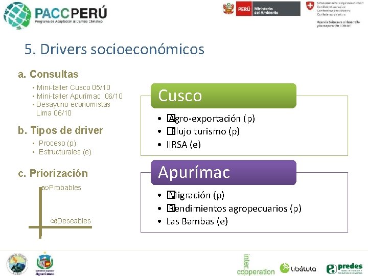 5. Drivers socioeconómicos a. Consultas • Mini-taller Cusco 05/10 • Mini-taller Apurímac 06/10 •