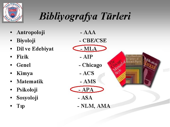 Bibliyografya Türleri • • • Antropoloji Biyoloji Dil ve Edebiyat Fizik Genel Kimya Matematik