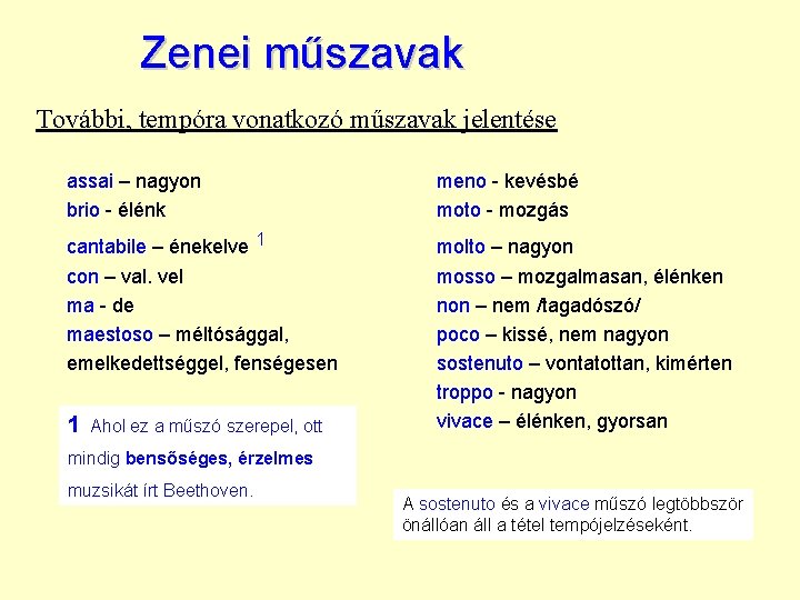 Zenei műszavak További, tempóra vonatkozó műszavak jelentése assai – nagyon brio - élénk meno