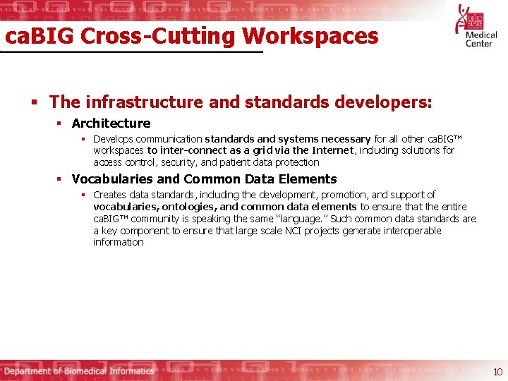 ca. BIG Cross-Cutting Workspaces § The infrastructure and standards developers: § Architecture § Develops