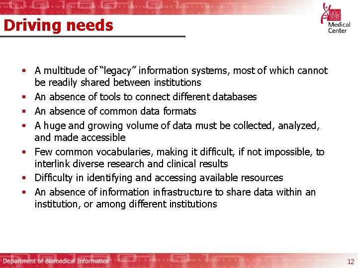 Driving needs § A multitude of “legacy” information systems, most of which cannot be