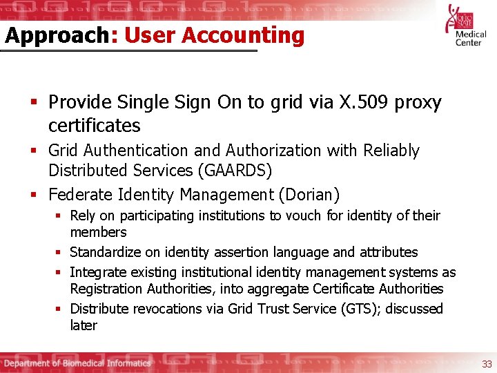 Approach: User Accounting § Provide Single Sign On to grid via X. 509 proxy