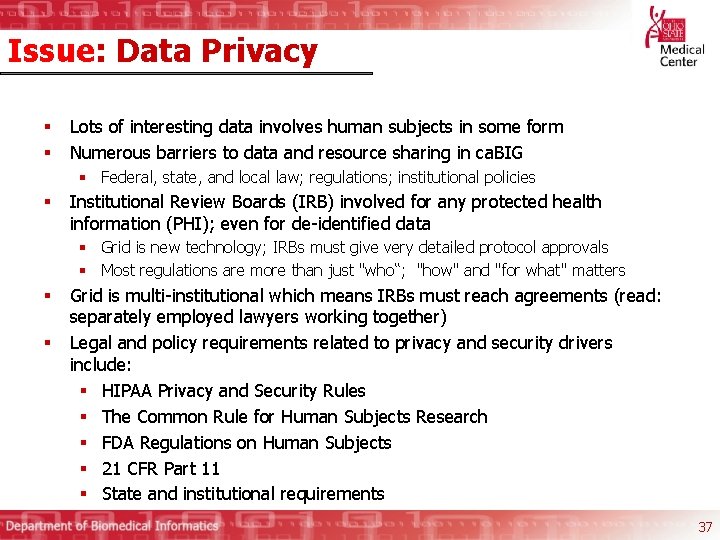 Issue: Data Privacy § § Lots of interesting data involves human subjects in some