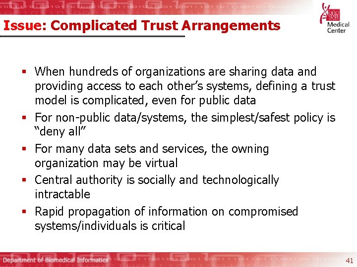 Issue: Complicated Trust Arrangements § When hundreds of organizations are sharing data and providing