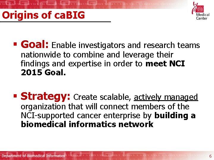 Origins of ca. BIG § Goal: Enable investigators and research teams nationwide to combine
