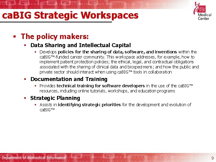 ca. BIG Strategic Workspaces § The policy makers: § Data Sharing and Intellectual Capital