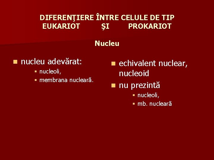 DIFERENŢIERE ÎNTRE CELULE DE TIP EUKARIOT ŞI PROKARIOT Nucleu n nucleu adevărat: § nucleoli,