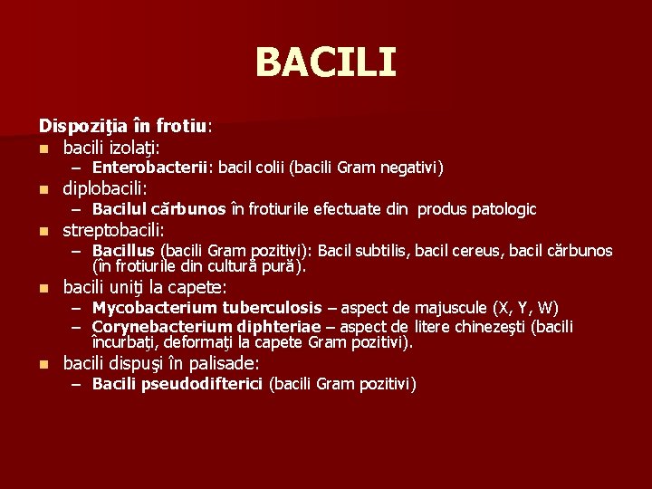 BACILI Dispoziţia în frotiu: n bacili izolaţi: – Enterobacterii: bacil colii (bacili Gram negativi)