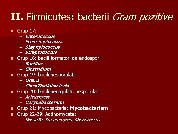II. Firmicutes: bacterii Gram pozitive n n n Grup 17: – Enterococcus – Peptostreptococcus