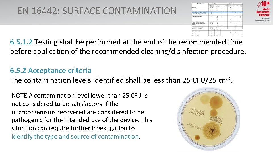 EN 16442: SURFACE CONTAMINATION 6. 5. 1. 2 Testing shall be performed at the