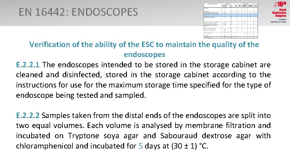 EN 16442: ENDOSCOPES Verification of the ability of the ESC to maintain the quality