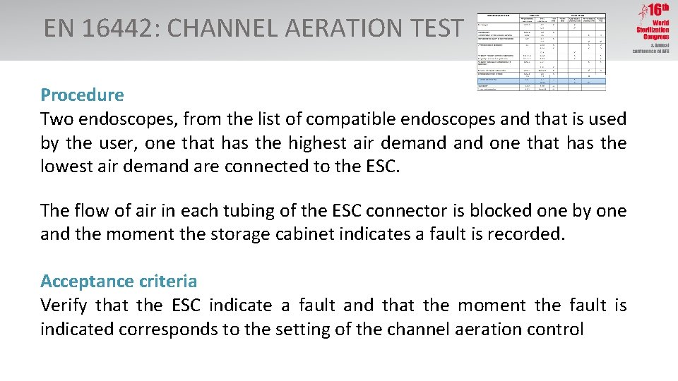 EN 16442: CHANNEL AERATION TEST Procedure Two endoscopes, from the list of compatible endoscopes