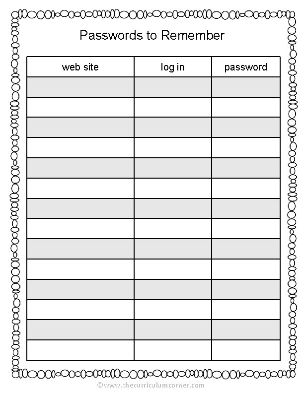 Passwords to Remember web site log in ©www. thecurriculumcorner. com password 
