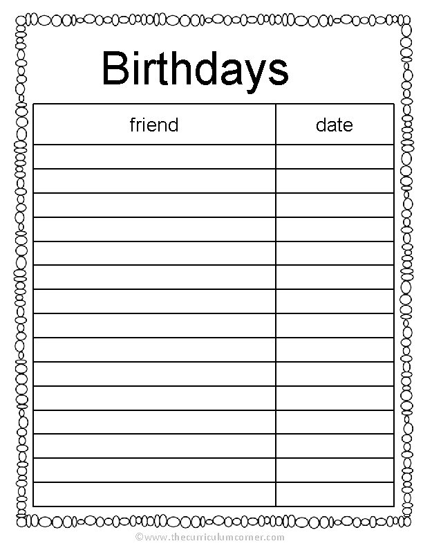 Birthdays friend ©www. thecurriculumcorner. com date 