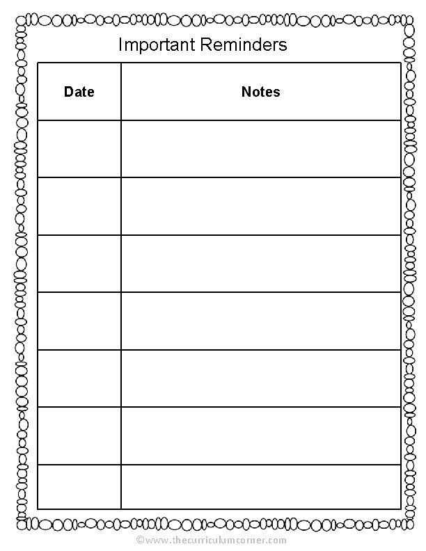 Important Reminders Date Notes ©www. thecurriculumcorner. com 
