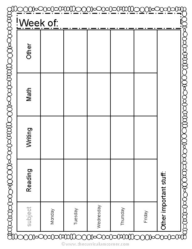 ©www. thecurriculumcorner. com Reading Other important stuff: Friday Thursday Wednesday Tuesday Monday subject Writing