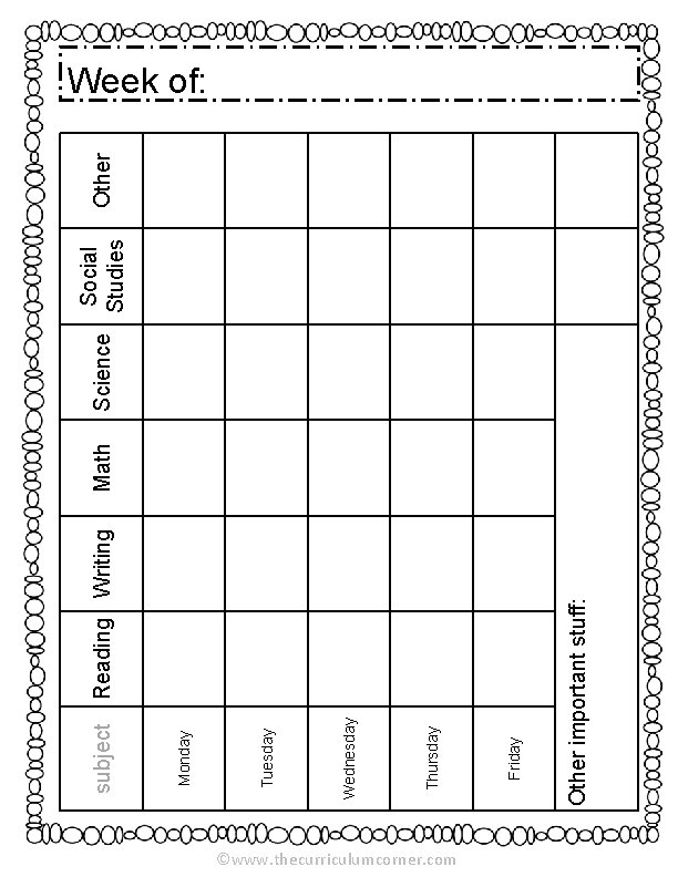 ©www. thecurriculumcorner. com Reading Writing Other important stuff: Friday Thursday Wednesday Tuesday Monday subject