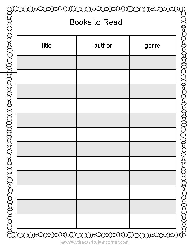 Books to Read title author ______ ©www. thecurriculumcorner. com genre 