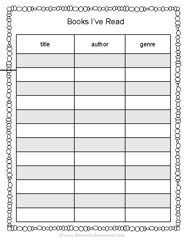 Books I’ve Read title author ______ ©www. thecurriculumcorner. com genre 