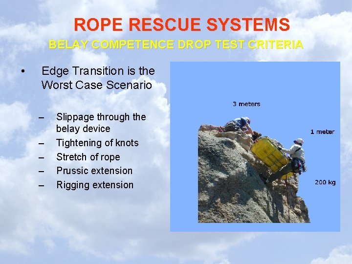 ROPE RESCUE SYSTEMS BELAY COMPETENCE DROP TEST CRITERIA • Edge Transition is the Worst