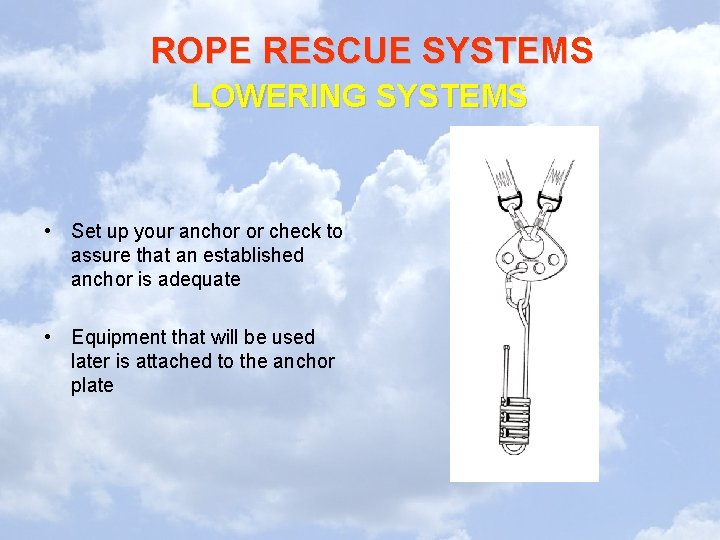 ROPE RESCUE SYSTEMS LOWERING SYSTEMS • Set up your anchor or check to assure