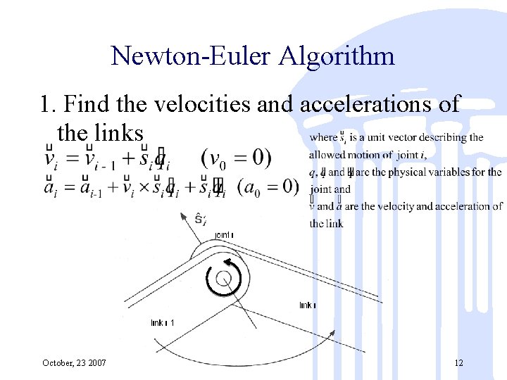 Newton-Euler Algorithm 1. Find the velocities and accelerations of the links October, 23 2007