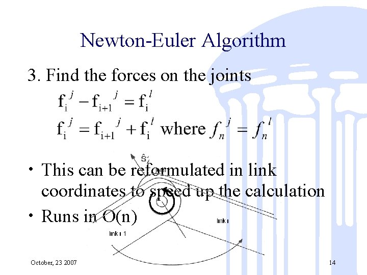 Newton-Euler Algorithm 3. Find the forces on the joints • This can be reformulated