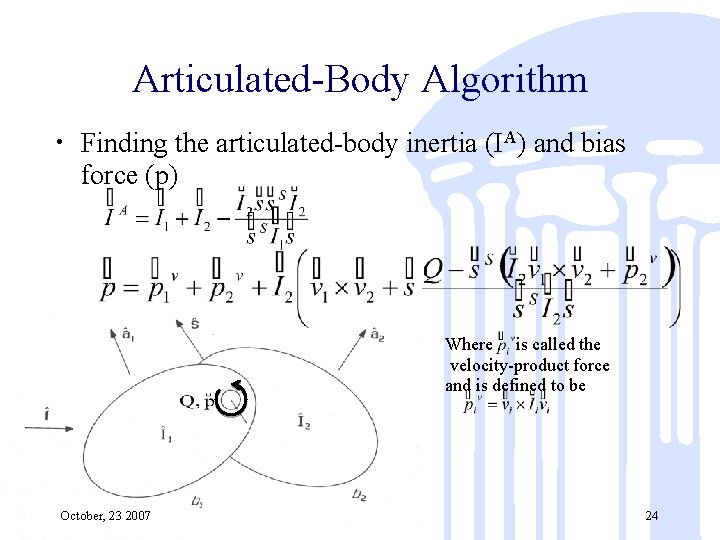 Articulated-Body Algorithm • Finding the articulated-body inertia (IA) and bias force (p) Where is