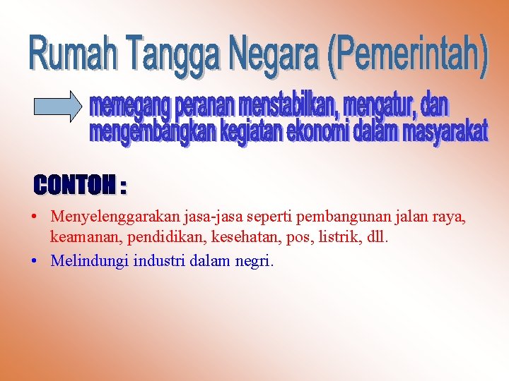  • Menyelenggarakan jasa-jasa seperti pembangunan jalan raya, keamanan, pendidikan, kesehatan, pos, listrik, dll.