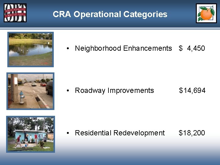 CRA Operational Categories • Neighborhood Enhancements $ 4, 450 • Roadway Improvements $14, 694
